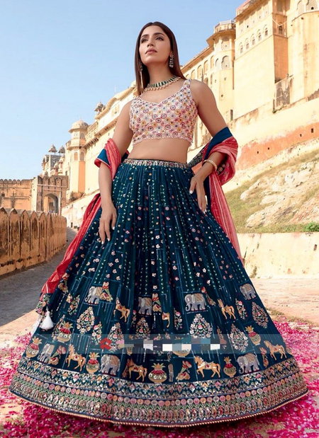 Tew Faux Gorgette Silk Fabric With 5mm Sequence Embroidery Work Lahenga And Blouse Dupatta Bulk Orders In India